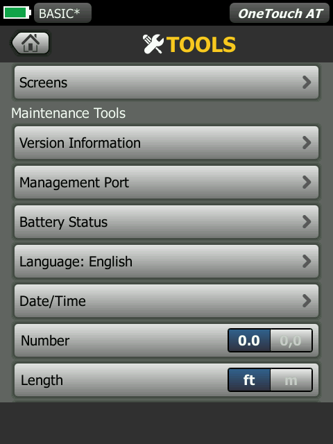 OneTouch AT Maintenance Tools Screen